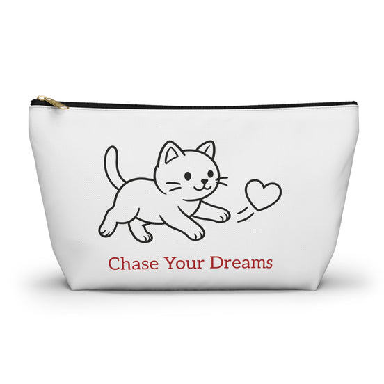 White pouch with a cat illustration and 'Chase Your Dreams' text on a white background