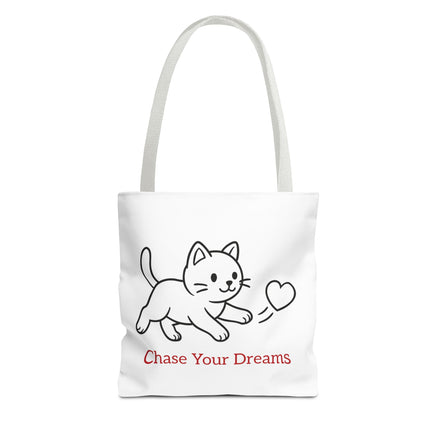 White tote bag with white handle and a cat illustration and 'Chase Your Dreams' text on a white background