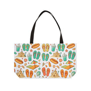 Tote bag with beach-themed design featuring flip-flops, sandcastles, and other summer elements on a white background.