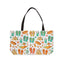 Tote bag with beach-themed design featuring flip-flops, sandcastles, and other summer elements on a white background.