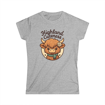 Gray t-shirt with a cartoon Highland cow and 'Highland Cuteness' text on a white background