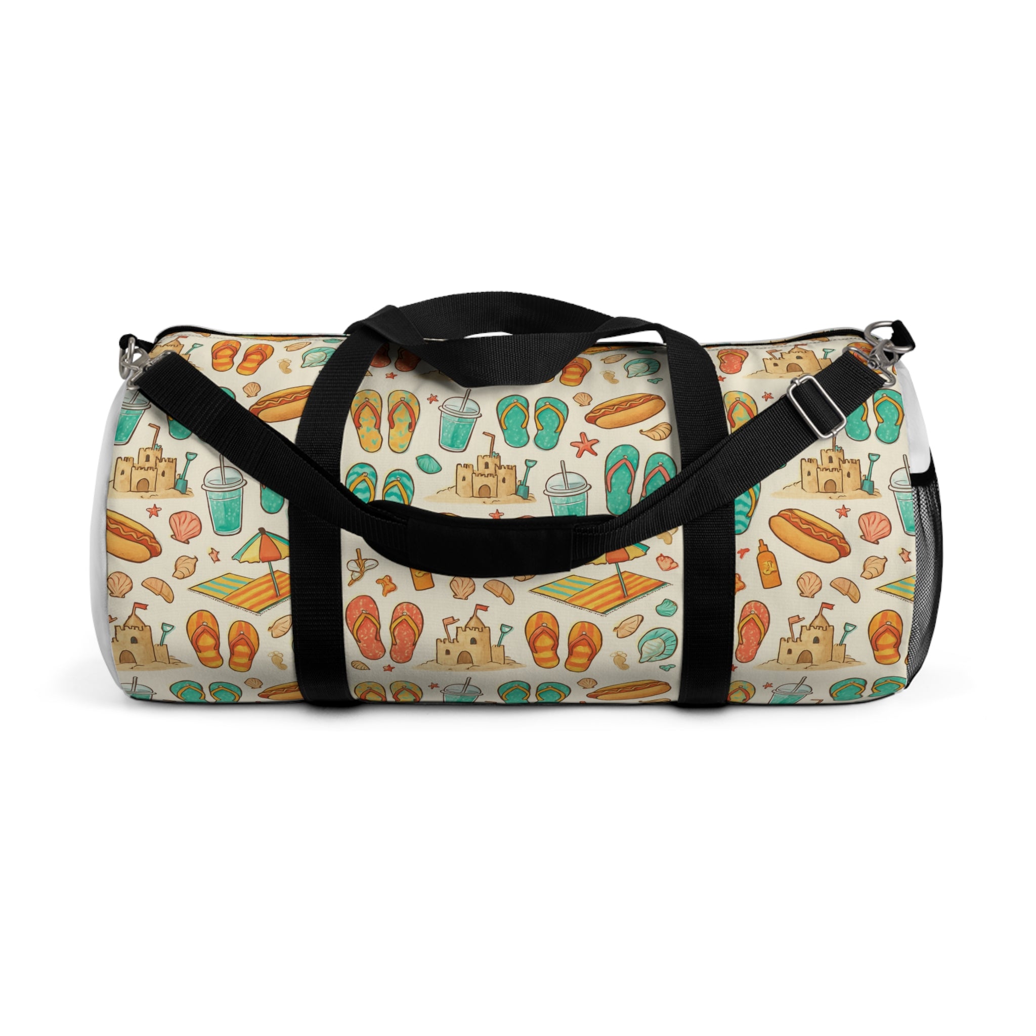 Duffel bag with beach-themed pattern on a white background