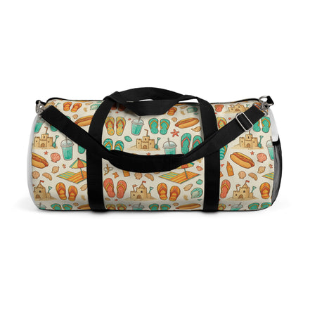 Duffel bag with beach-themed pattern on a white background
