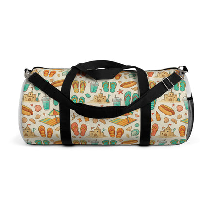 Duffel bag with beach-themed pattern on a white background