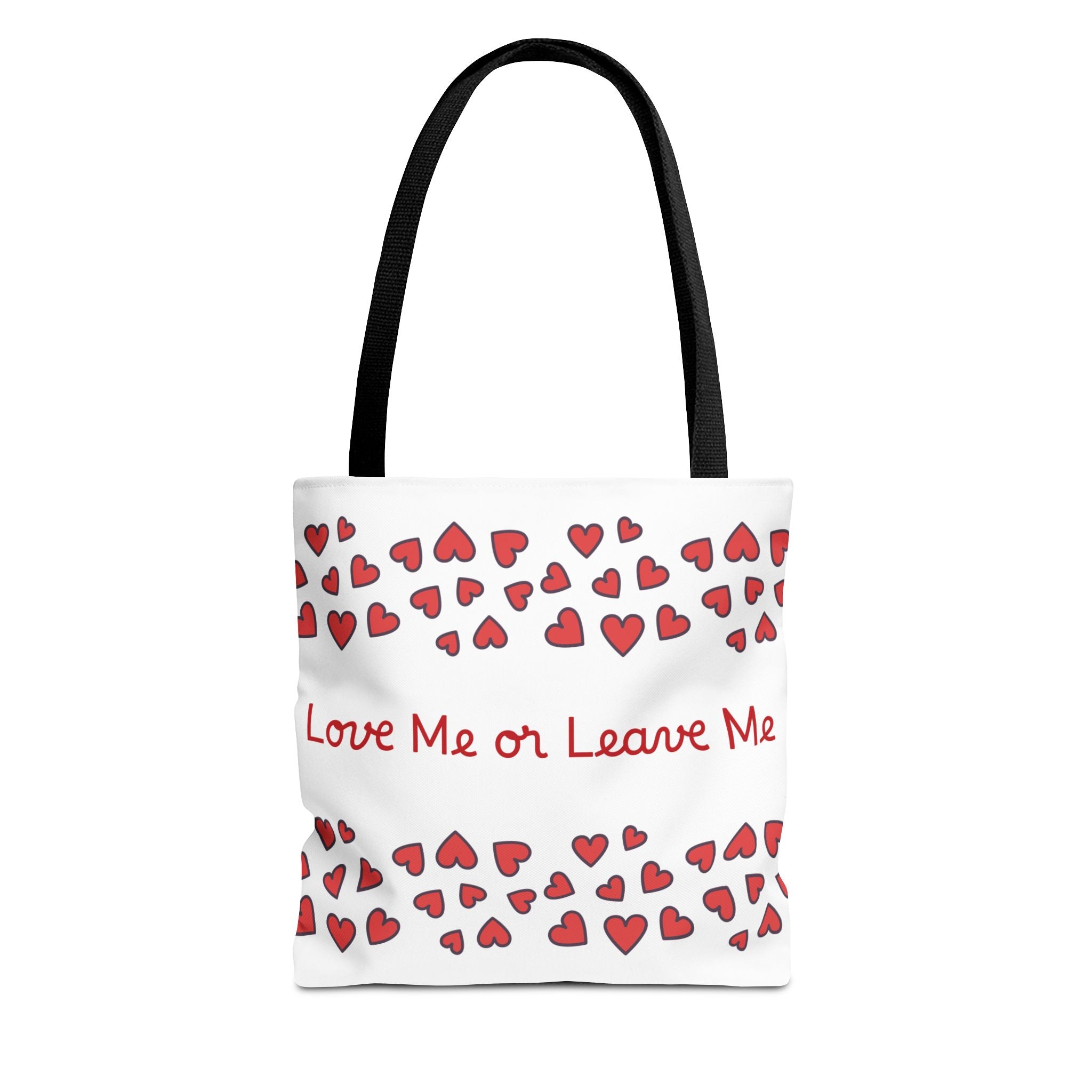 Tote bag with red hearts and text 'Love Me or Leave Me' on a white background