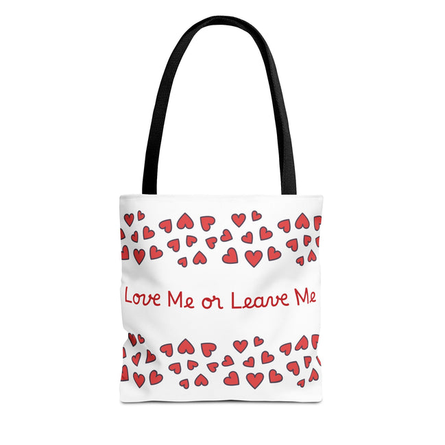 Tote bag with red hearts and text 'Love Me or Leave Me' on a white background