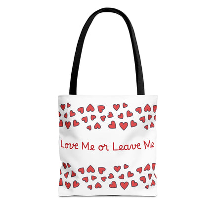 Tote bag with red hearts and text 'Love Me or Leave Me' on a white background
