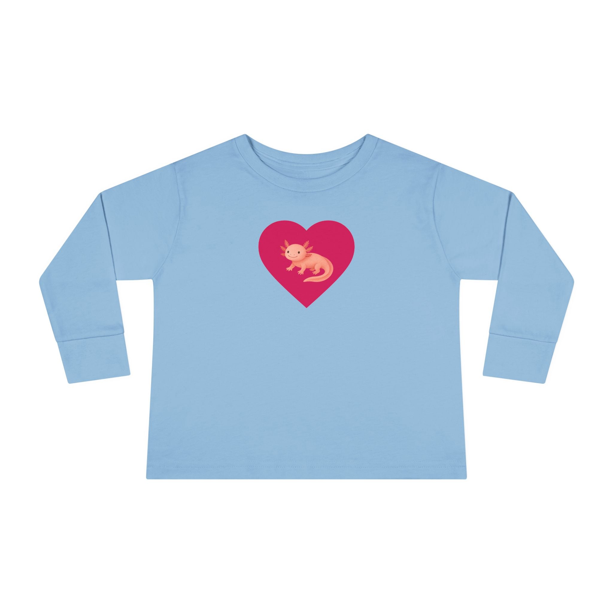Light blue long-sleeve shirt with a red heart and pink graphic on a white background