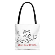 Tote bag with a cat illustration and 'Chase Your Dreams' text on a white background