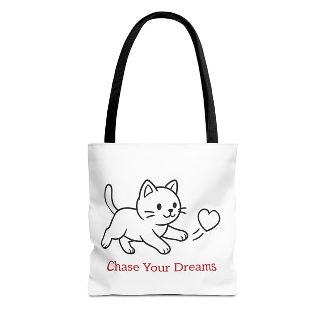 Tote bag with a cat illustration and 'Chase Your Dreams' text on a white background