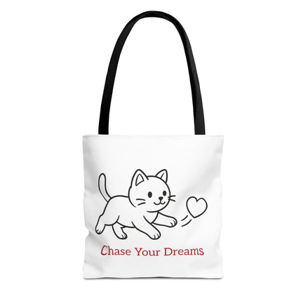 Tote bag with a cat illustration and 'Chase Your Dreams' text on a white background