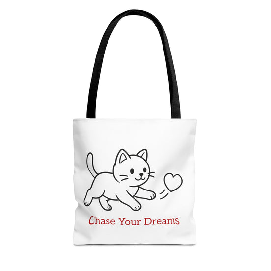 Tote bag with a cat illustration and 'Chase Your Dreams' text on a white background