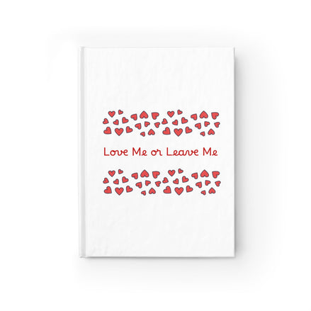White book with red heart pattern and 'Love Me or Leave Me' text on a white background 