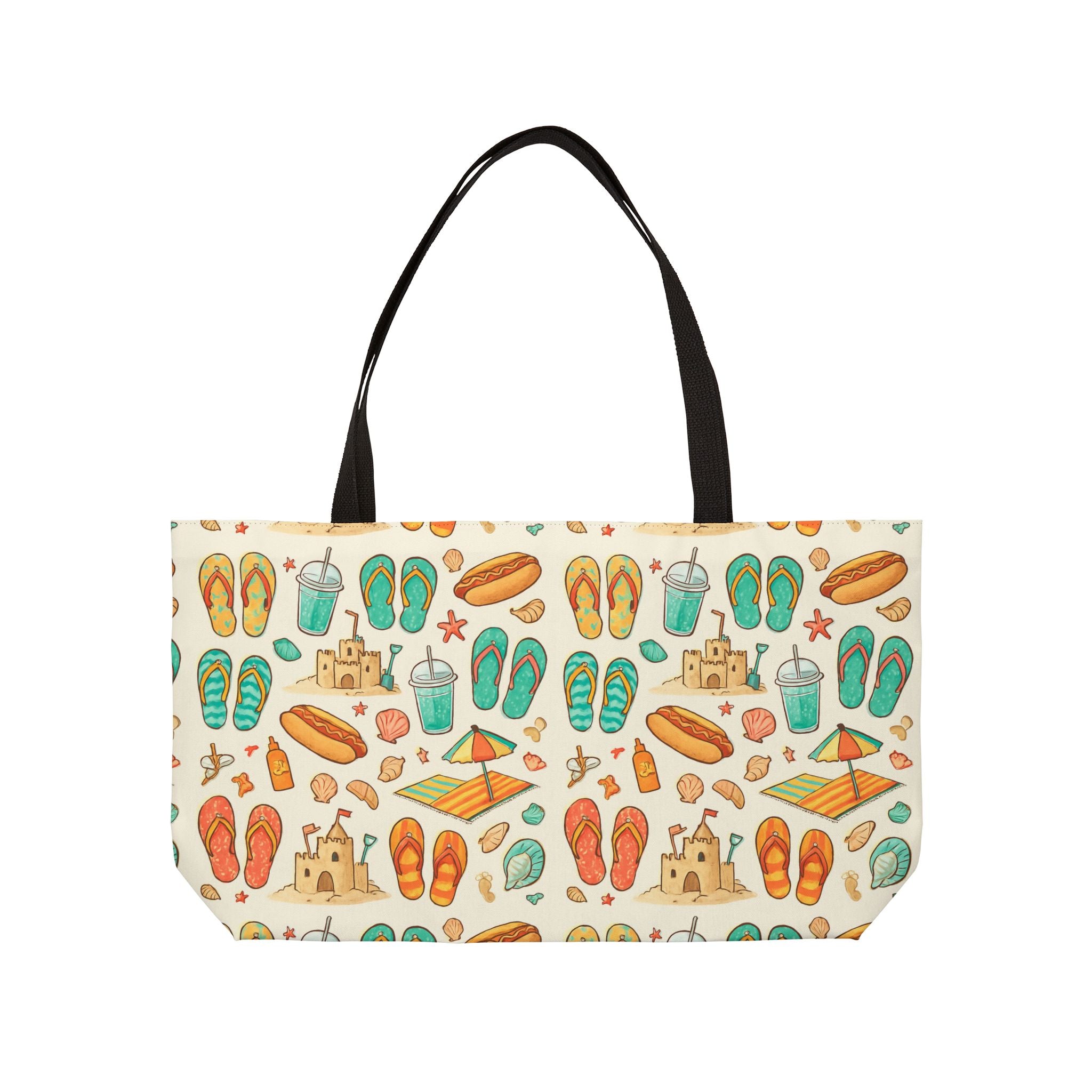Tote bag with beach-themed pattern on a white background