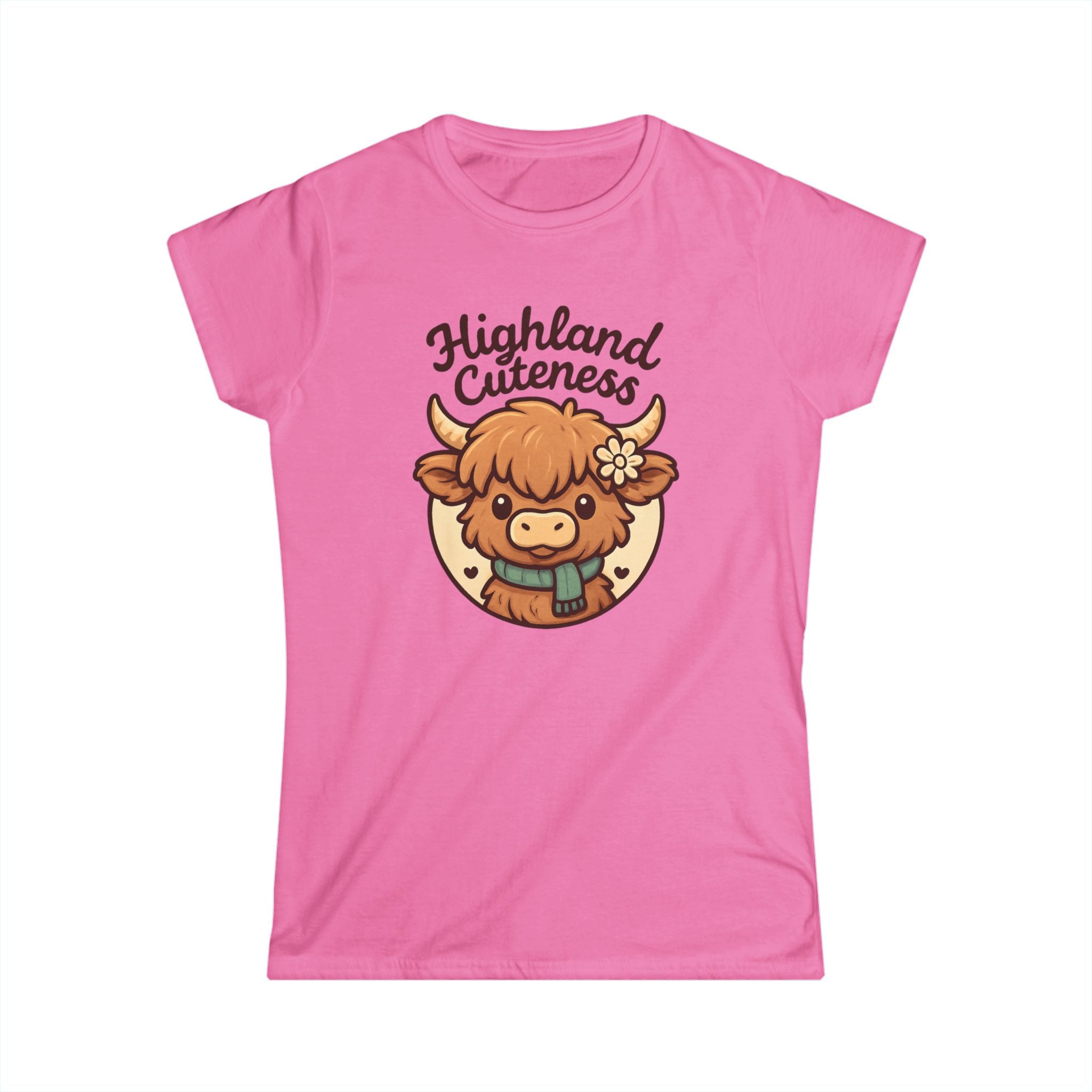 Pink t-shirt with a cartoon Highland cow and 'Highland Cuteness' text on a white background