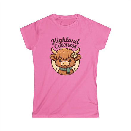 Pink t-shirt with a cartoon Highland cow and 'Highland Cuteness' text on a white background