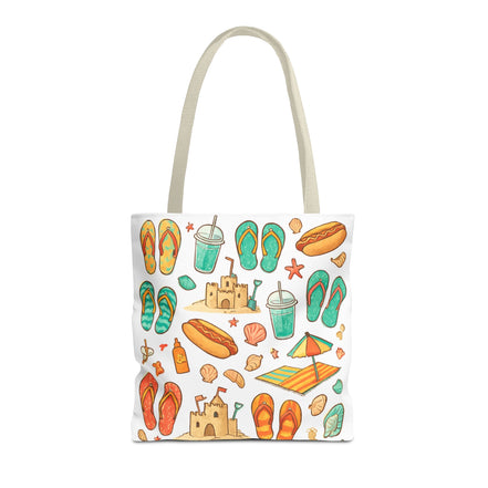 Tote bag with beach-themed illustrations on a white background
