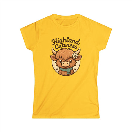 Yellow t-shirt with a cartoon Highland cow and 'Highland Cuteness' text on a white background