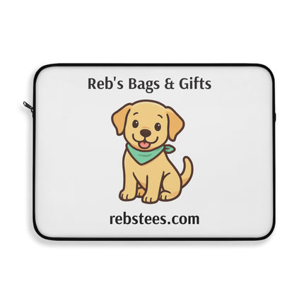 Laptop sleeve with a cartoon dog and 'Reb's Bags & Gifts' text on a white background
