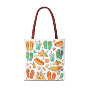 Tote bag with beach-themed illustrations on a white background