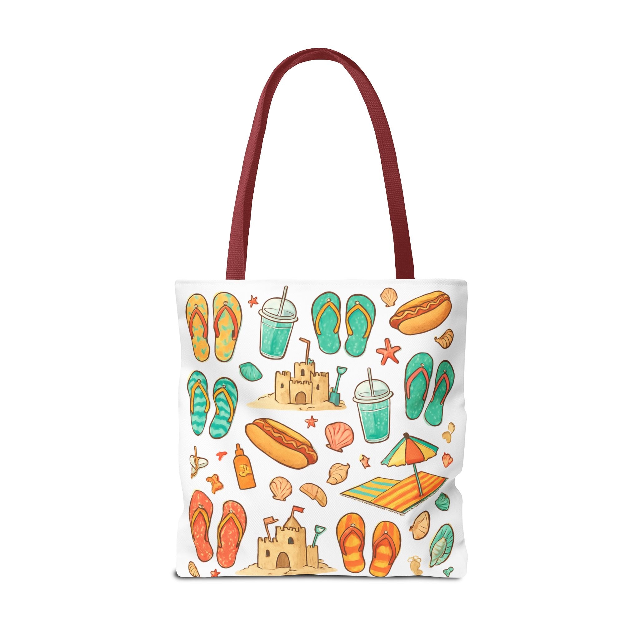 Tote bag with beach-themed illustrations on a white background