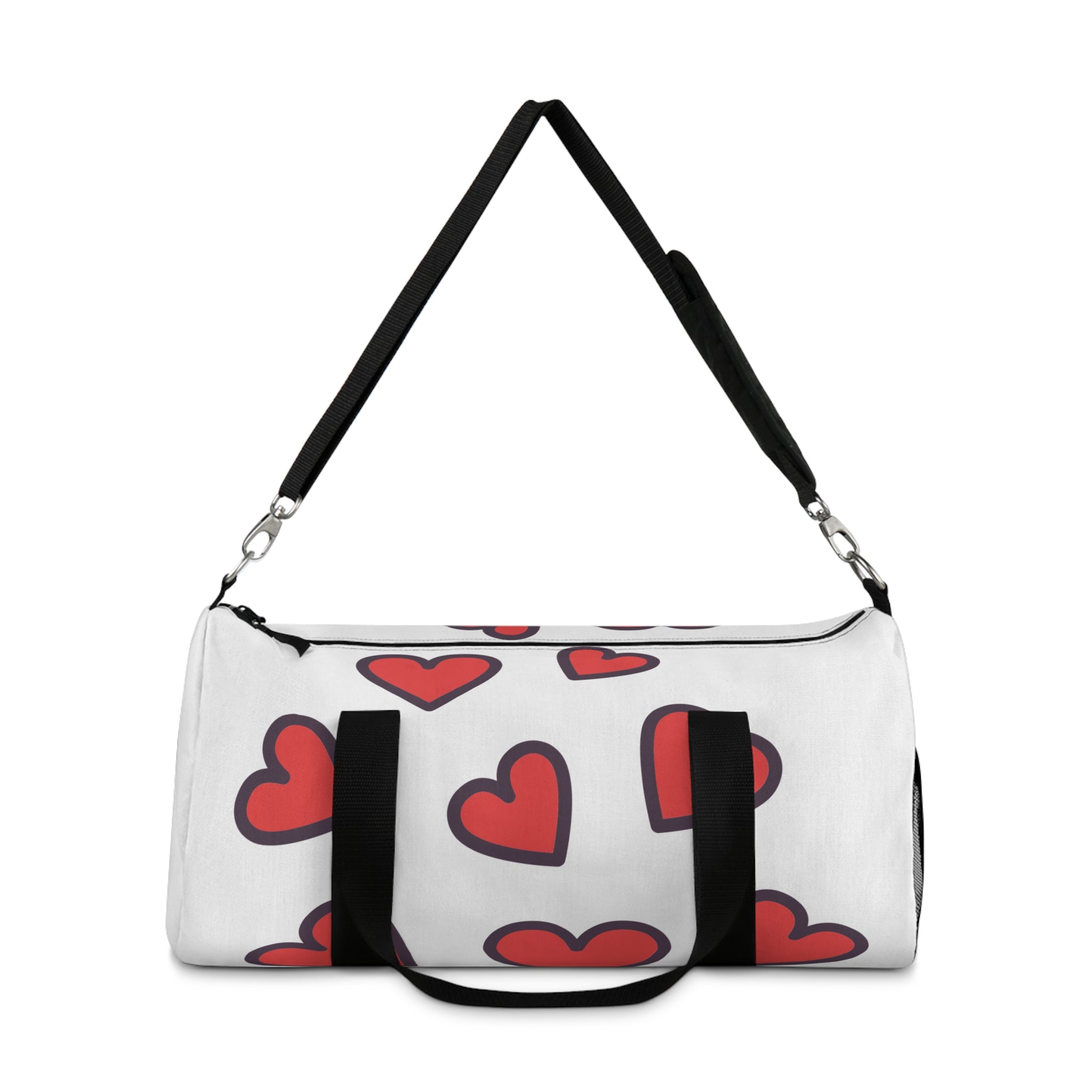 White duffel bag with red heart patterns and black handles on a white background