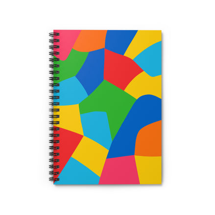 Colorful geometric notebook with a spiral binding on a white background