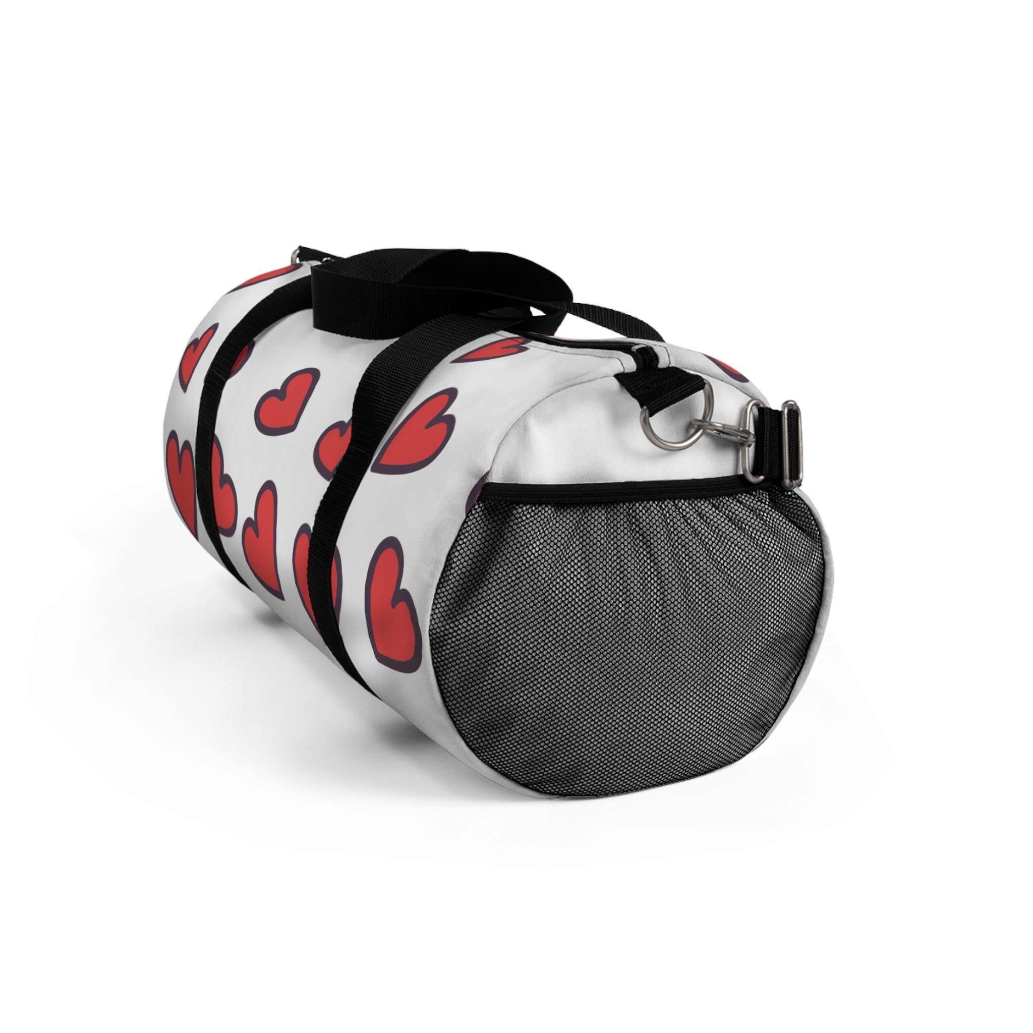 Duffel bag with red heart patterns on a white background