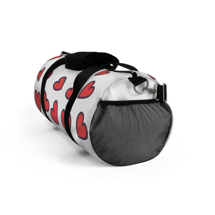 Duffel bag with red heart patterns on a white background