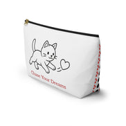 White pouch with a cat illustration and 'Chase Your Dreams' text on a white background