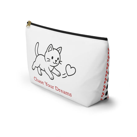 White pouch with a cat illustration and 'Chase Your Dreams' text on a white background