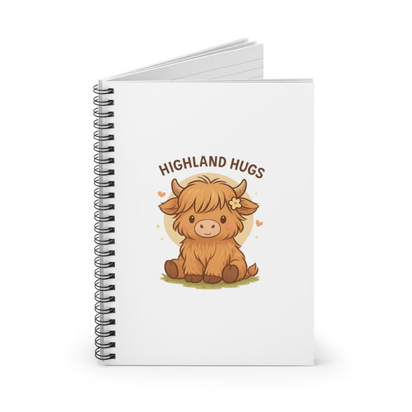 Notebook with a cartoon highland cow and 'Highland Hugs' text on a white background
