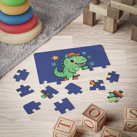 Skateboarding dinosaur 30-piece kids puzzle cute dino jigsaw for toddlers and preschoolers. Children's puzzle with a dinosaur design on a wooden floor surrounded by toys
