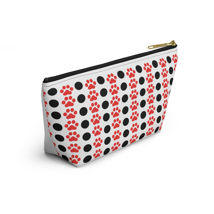 Pouch with red and black paw print pattern on a white background