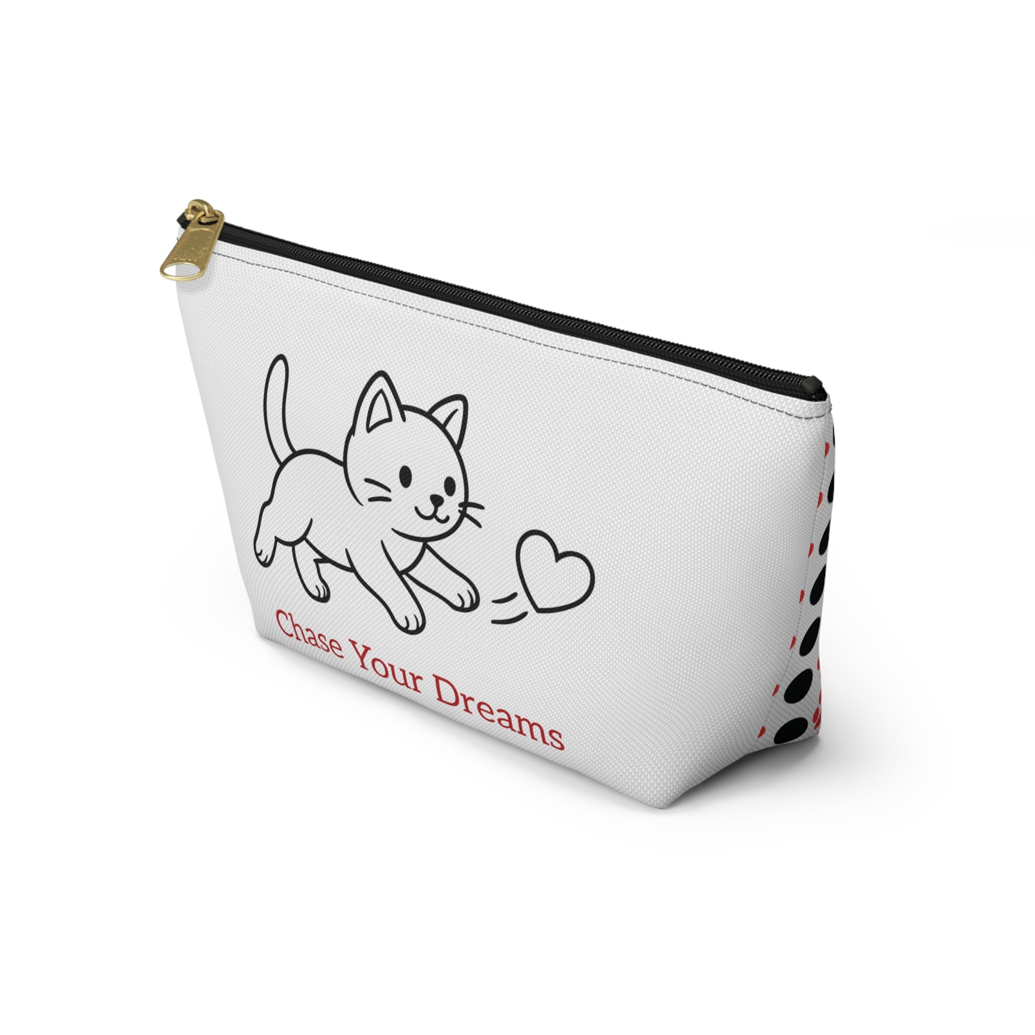 White pouch with a cat illustration and 'Chase Your Dreams' text on a white background