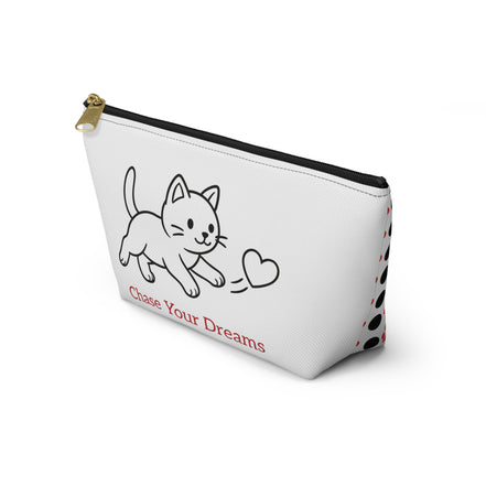 White pouch with a cat illustration and 'Chase Your Dreams' text on a white background