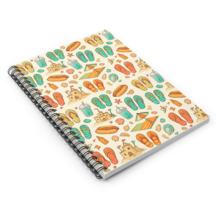 Notebook with a beach-themed cover design on a white background