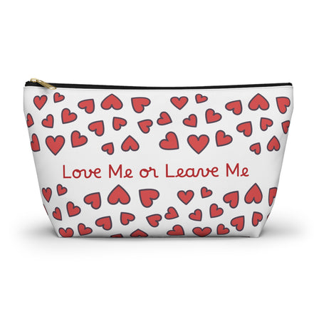 Pouch with red heart pattern and 'Love Me or Leave Me' text on a white background