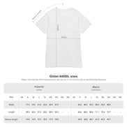 White t-shirt with measurement chart on a white background