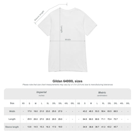 White t-shirt with measurement chart on a white background