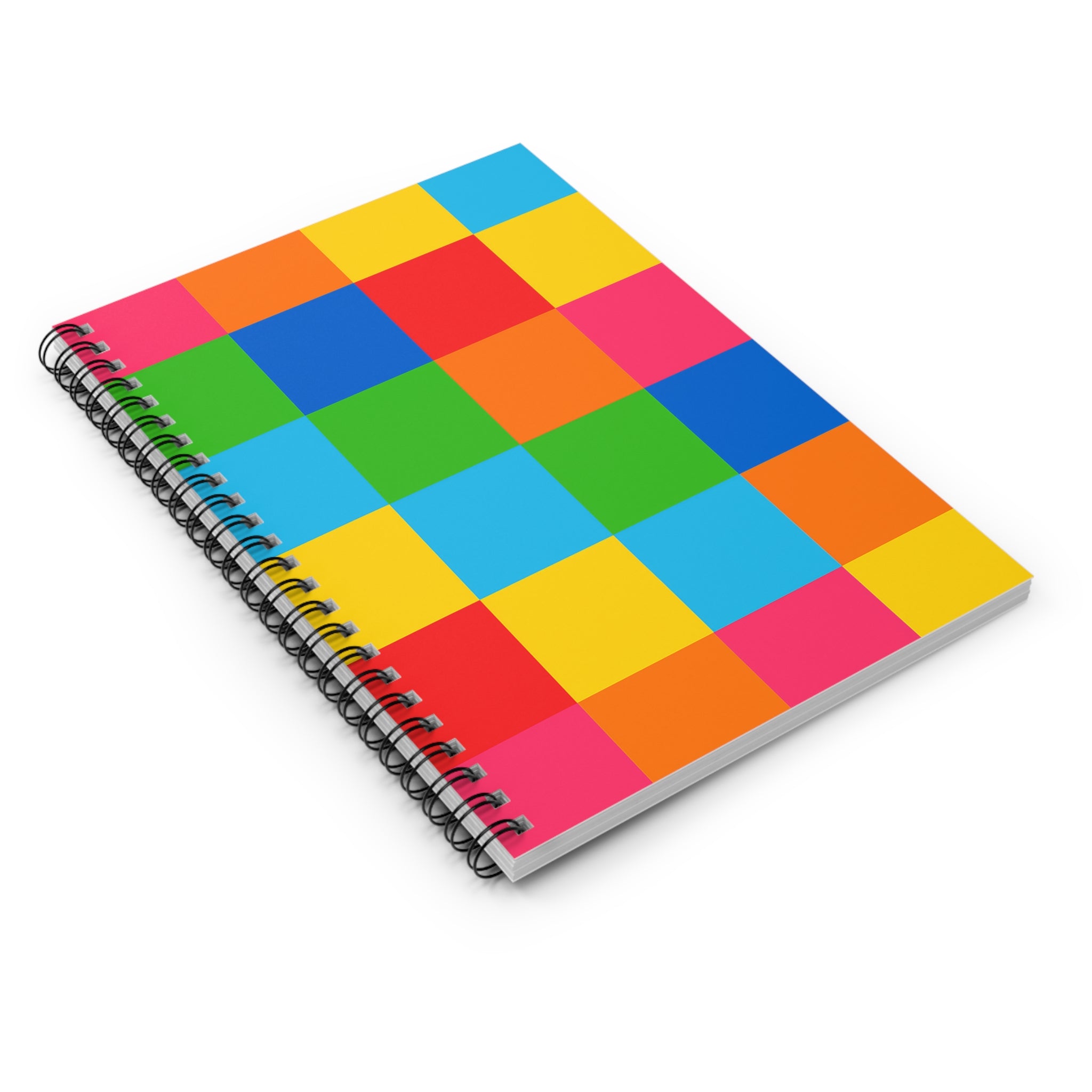 Colorful checkered notebook with a spiral binding on a white background