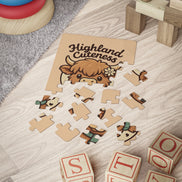Highland Cuteness 30-piece kids puzzle adorable Highland cow toddler jigsaw. Wooden puzzle with Highland cow design and 'Highland Cuteness' text on a wooden surface.