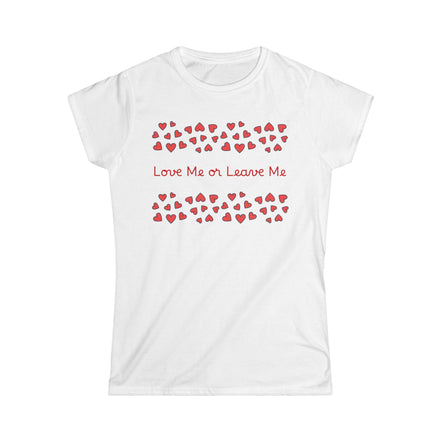 White t-shirt with red heart pattern and text 'Love Me or Leave Me' on a white background