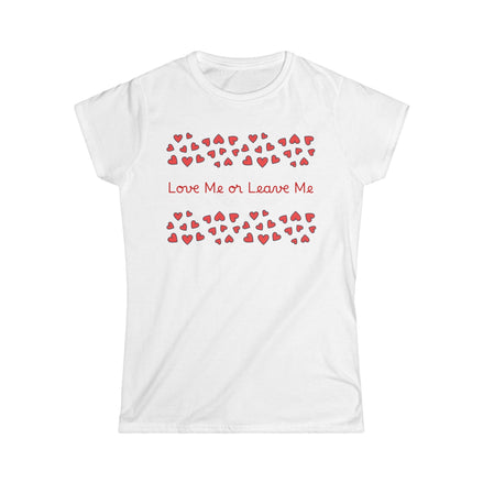 White t-shirt with red heart pattern and text 'Love Me or Leave Me' on a white background
