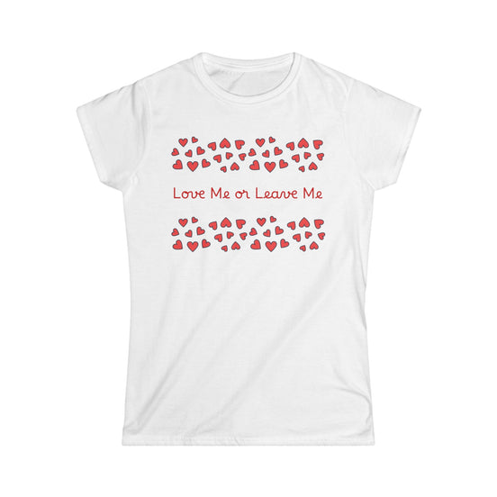 White t-shirt with red heart pattern and text 'Love Me or Leave Me' on a white background