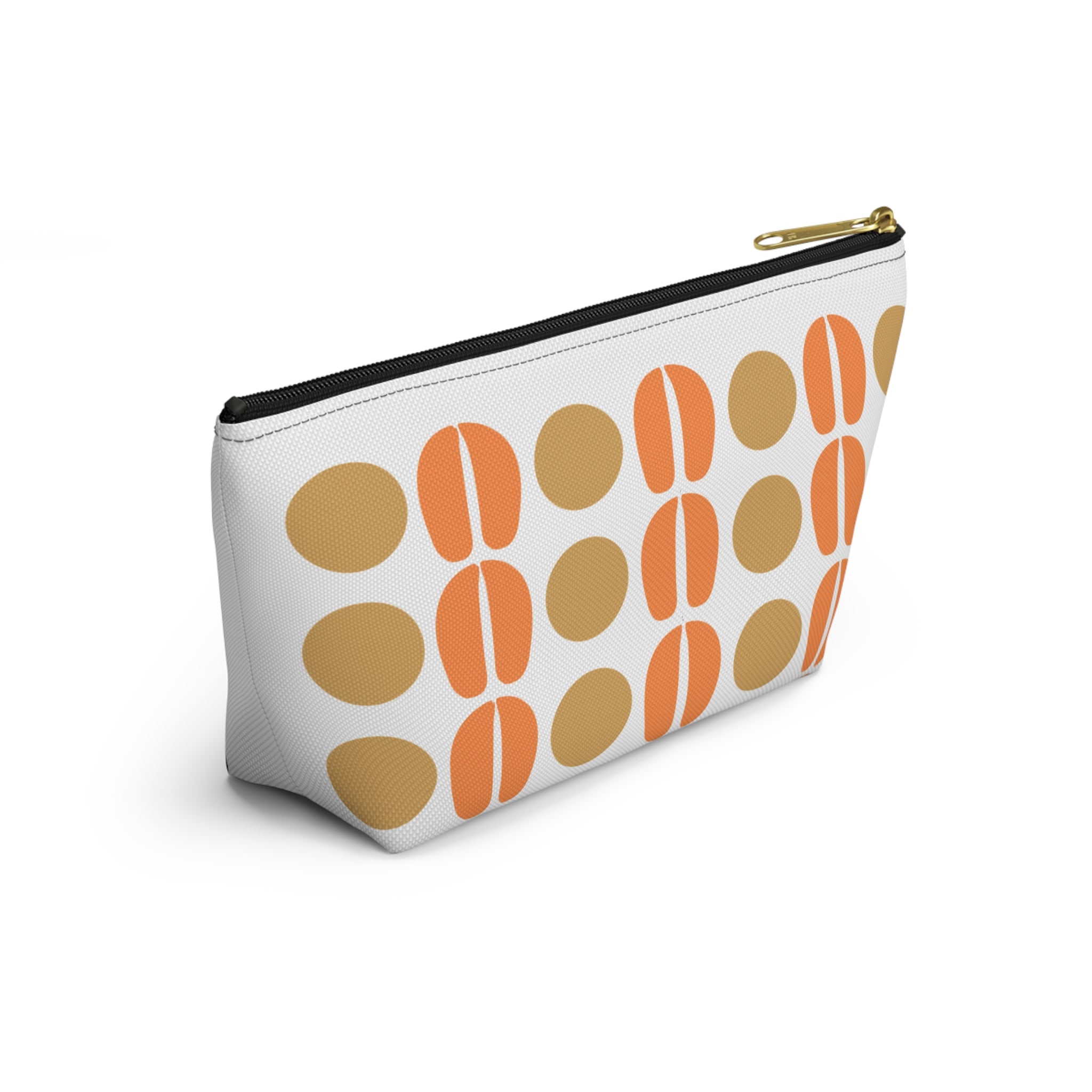 White pouch with orange and brown circular pattern on a white background