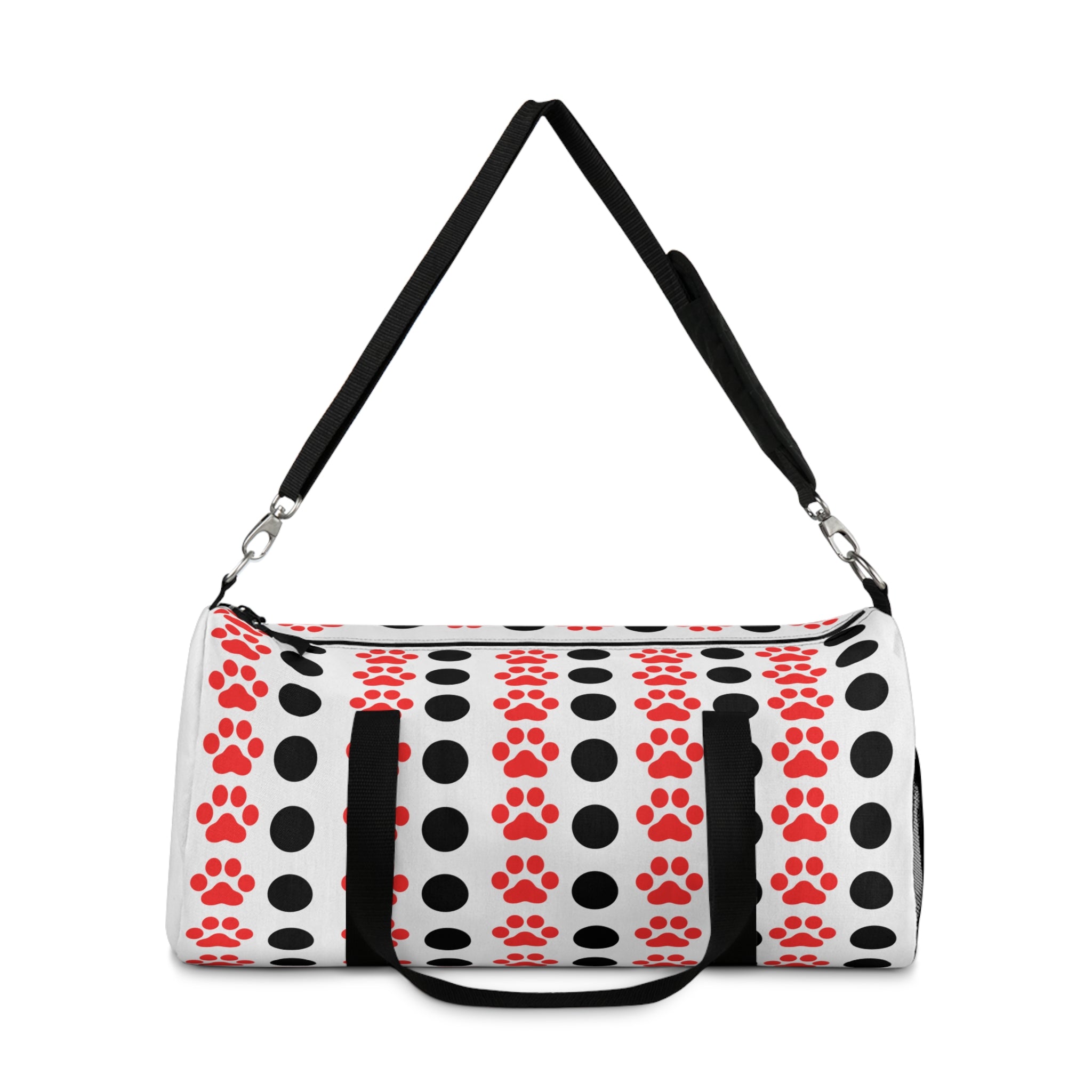 Durable pet carrier with black and red paw print pattern on a white background