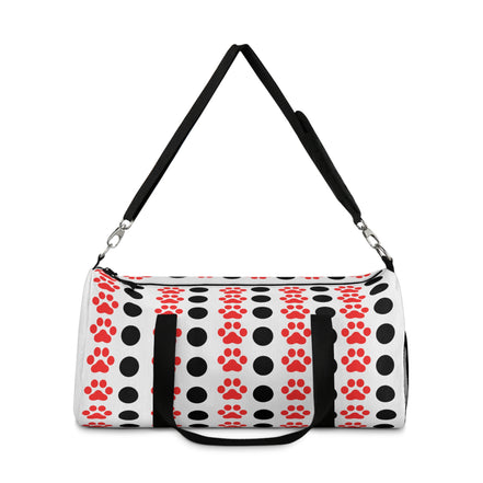 Durable pet carrier with black and red paw print pattern on a white background