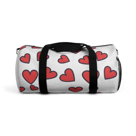 Duffel bag with red heart pattern on a white background