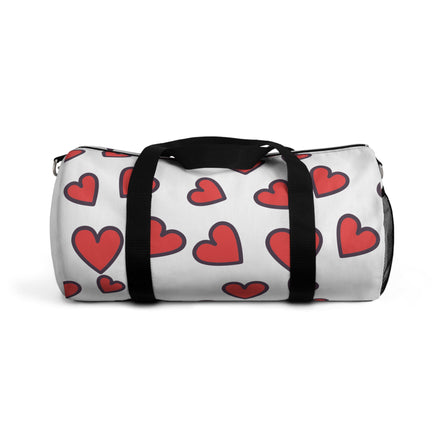 Duffel bag with red heart pattern on a white background